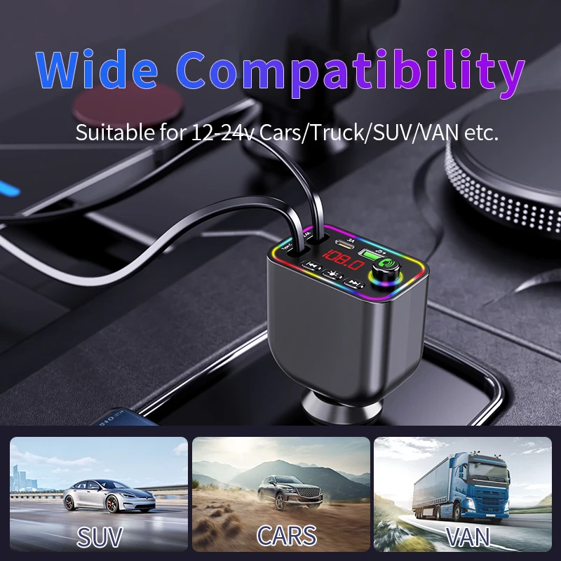 Y4 Retractable Car Charger: Fast Charge (Apple/Huawei) | Digital Display + Bluetooth MP3 & Cigar Adapter