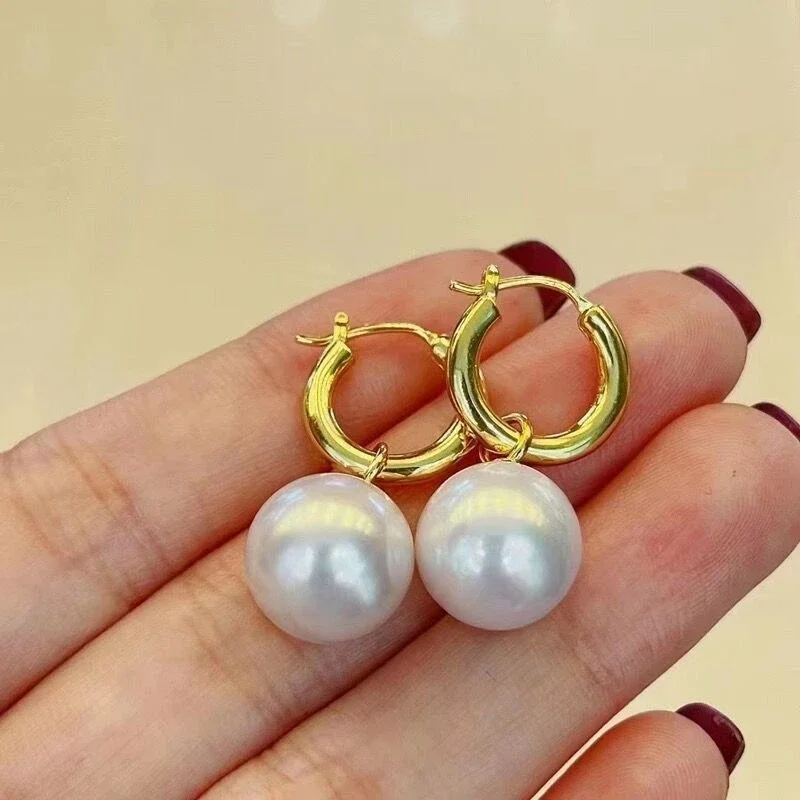 100% Natural Freshwater Edison Round Aurora Bright White Pearl Earrings S925 Sterling Silver Gold French Vintage Style Gifts