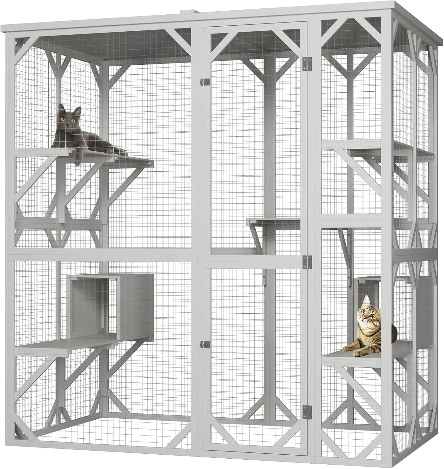 

Outdoor Catio with Roof 71.3" Height Large Wooden Cat Enclosure with 3 Jumping Platforms and 2 Napping Houses Cat Cage