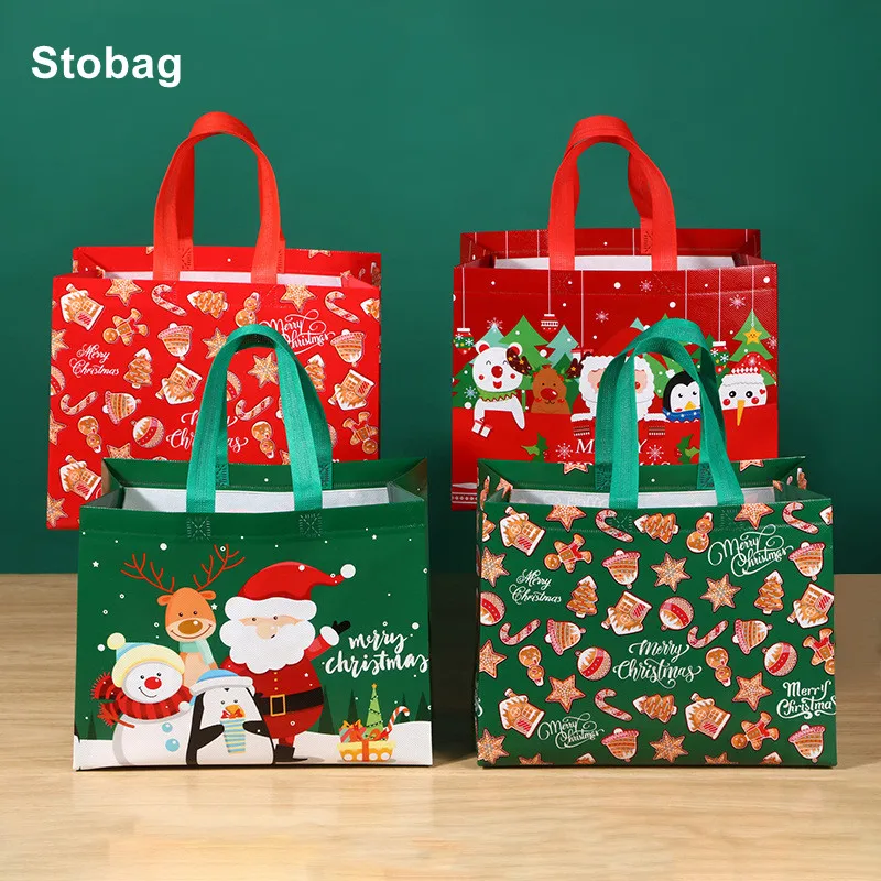 

StoBag 12pcs Merry Christmas Non-woven Tote Bags Gift Candy Package Cloth Fabric Waterproof Storage Reusable Pouch Party Favors