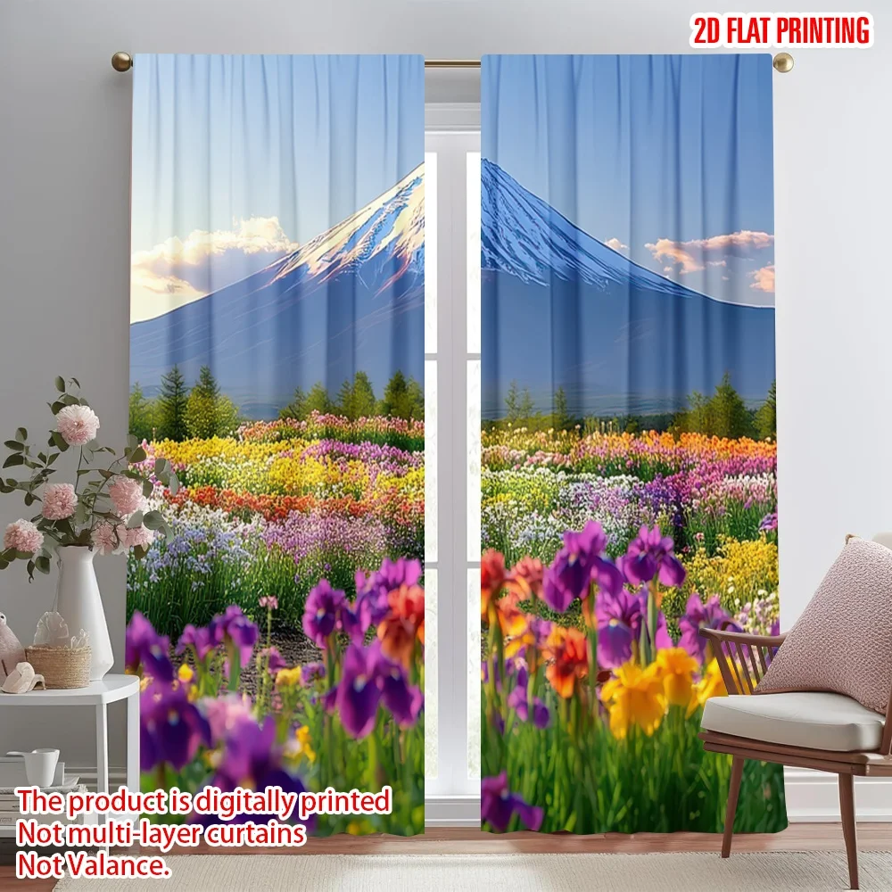 

2D flat printing 2pcs Curtains Mount Fuji and Wildflowers Digital Printed Polyester Drapes Festive Wall Decor Perfect for