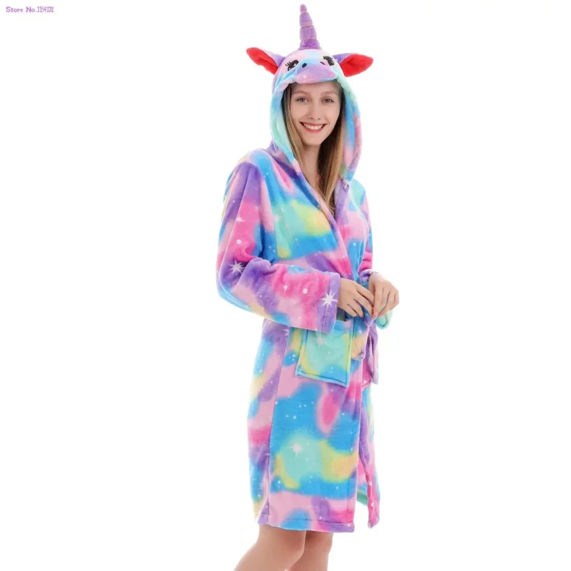 Adults Winter Girls Panda Animal Bath Robes Men's Bathrobes Coral Velvet Hooded Unicorn Robe Women Flannel Dressing Gown