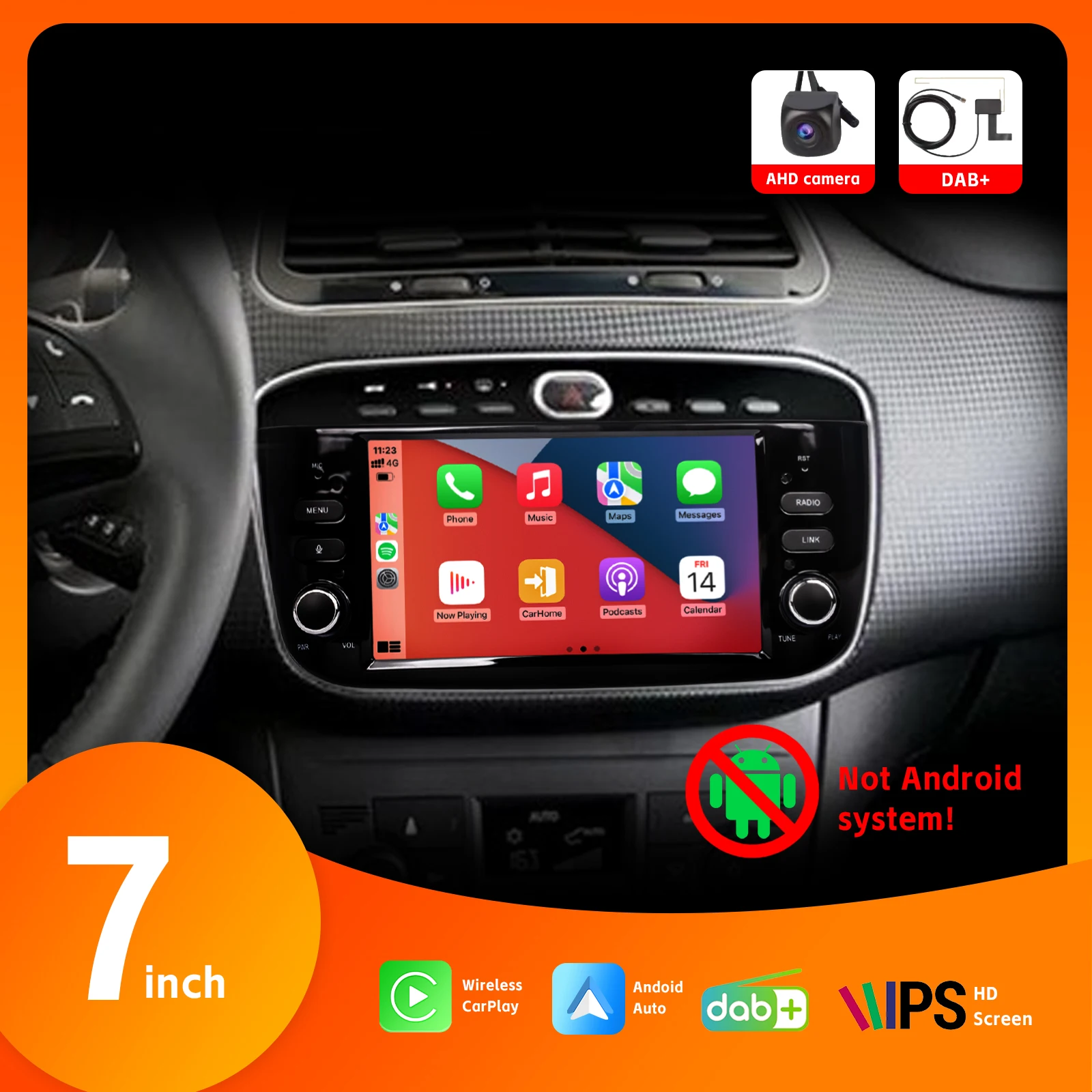 

Car Radio with Wireless Carplay Android Auto DAB+ BT AHD Rear View Camera for FIAT Punto (2012-2015) with 7" IPS Touch Screen