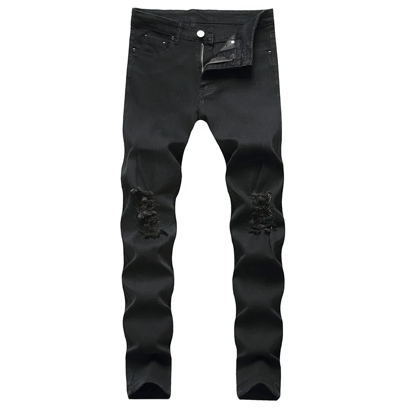 Skinny Stretch Ripped Jeans Men's Distressed Kpop Slim Fit Denim Pants American Street Style Rock Hip Hop White Black Trousers view 2