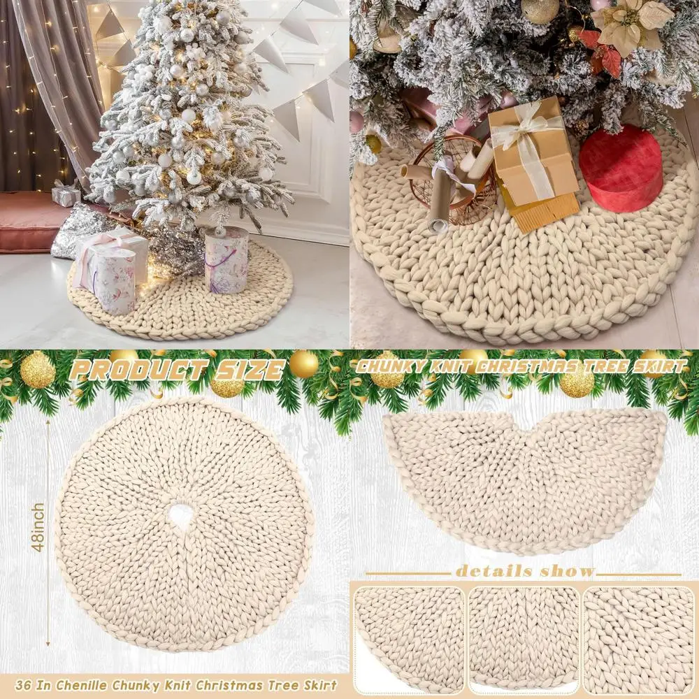 

Large Beige 48 Chunky Crochet Christmas Tree Skirt - Rustic Holiday Decor for Farmhouse Xmas Party