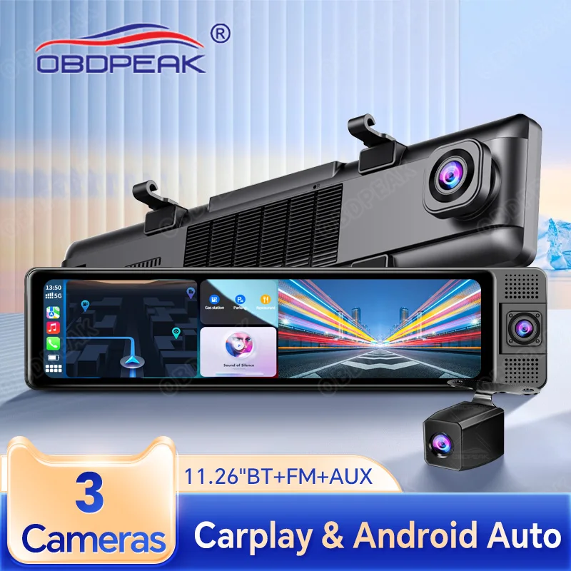 

3 Channel Carplay Android Auto 11.26 “ 2.5K Car Dvr GPS Navigation WIFI Dash Cam Interior Rear View Mirror Camera Len Recorder