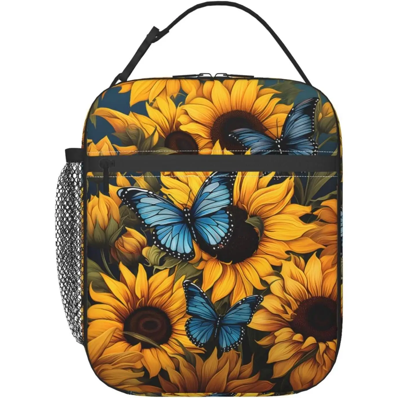 

Blue Butterfly Floral Bag Polyester Cooler Floral Lovers Handbags Case for School Picnic Work Travel Beach or Hiking Gifts