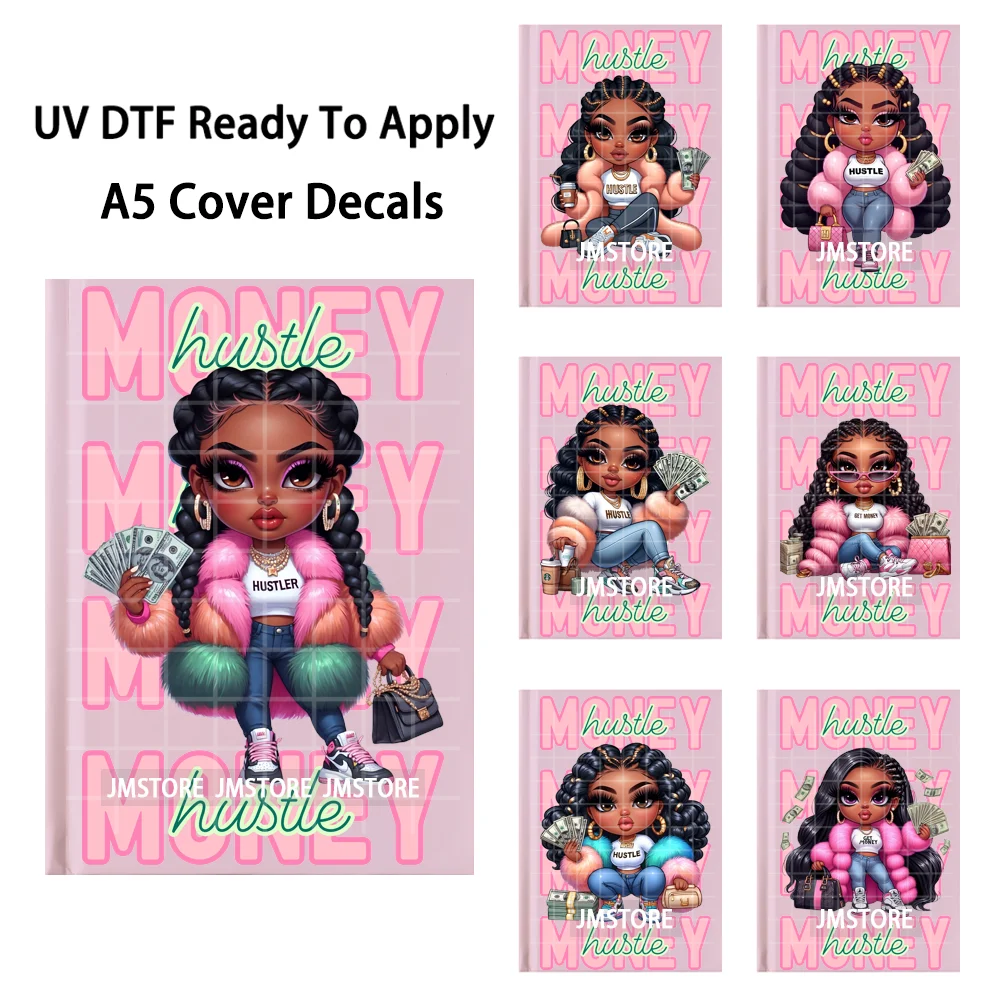 

Наклейки для обложки блокнота Chibi Black Woman Queen Hustle Money UV DTF, готовые к применению, прочные переводные стикеры для обложки формата A5.