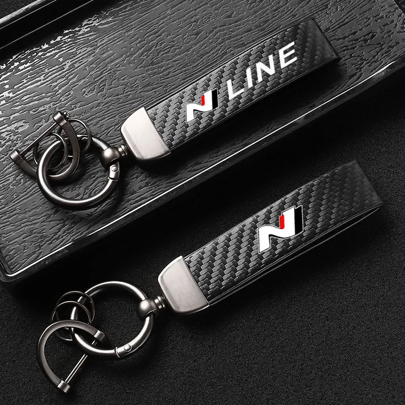 High-Grade Carbon Fiber Leather Car KeyChain For I30 Sonata Elantra Veloster Kona Tucson N Line Emblem Car KeyChain