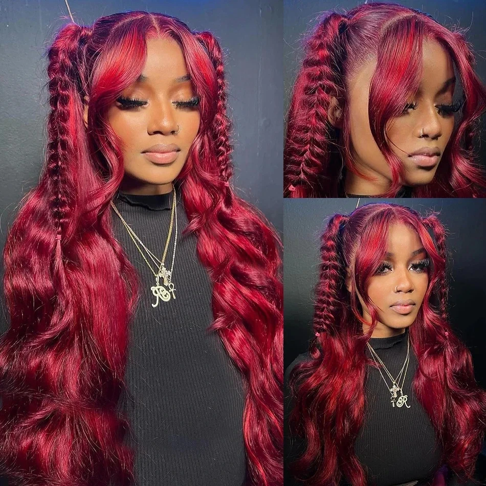 Peruca de cabelo humano onda do corpo de Borgonha, Peruca dianteira do laço HD, Vermelho, Transparente Lace Frontal Wig, 13x4 HD Lace Encerramento 4x4