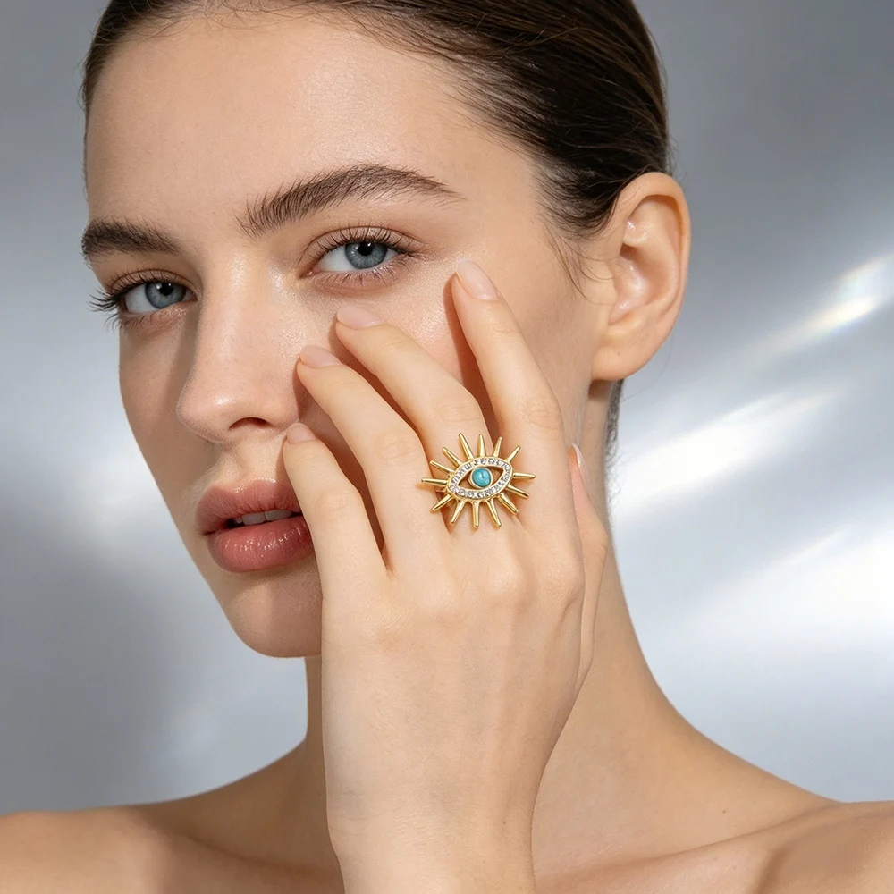 JeeMango Edelstahl-Ringe mit türkisfarbenem Zirkon und Teufelsauge für Damen, vergoldet, rostfrei, Fingerschmuck, Party-Geschenk, R26017 – Detail 6