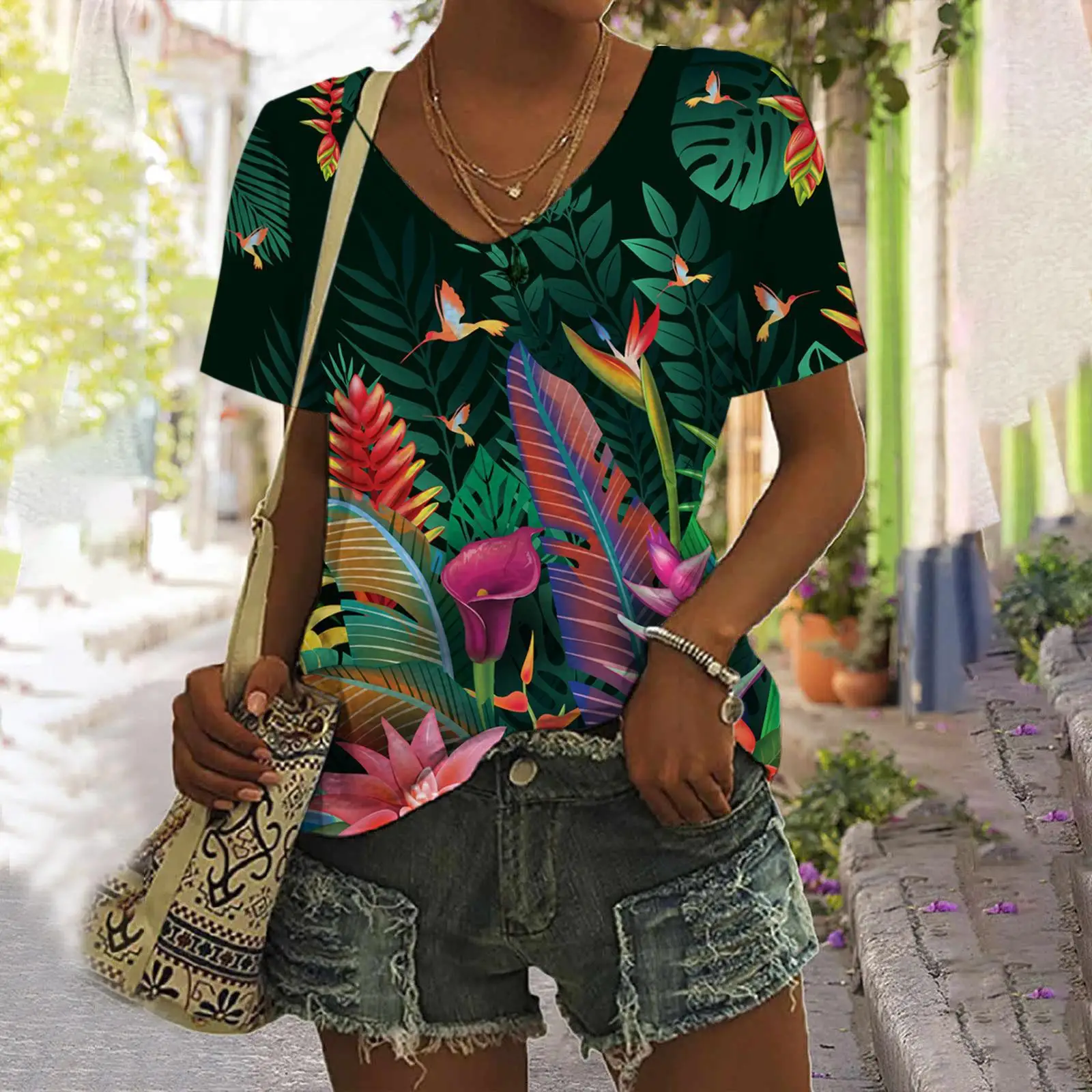 Floral Tropical Plants T-Shirts Parrot 3D Print Women V-Neck Short Sleeve T Shirt Oversized Harajuku Y2k Top Tees Woman Clothing