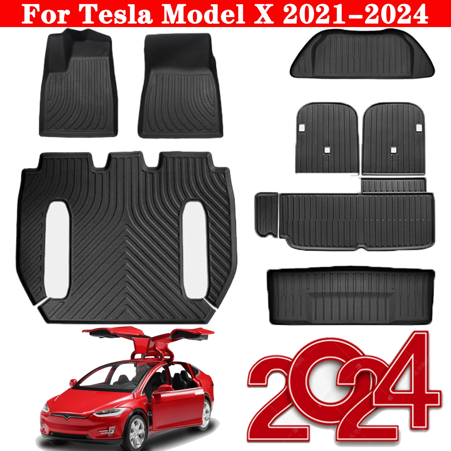 For Tesla Model X 2021-2024 5&6&7 Seats TPE Floor Mats, Full Set All Weather Waterproof Front Rear Cargo Liner and Trunk Mats 