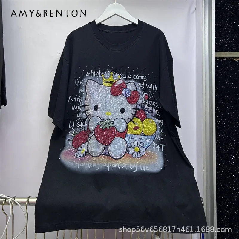 

2026 Spring New Heavy Industry Rhinestone Cartoon Trendy Brand Casual Loose Short Sleeved T-shirt For Women's Kawaii Clothes Top