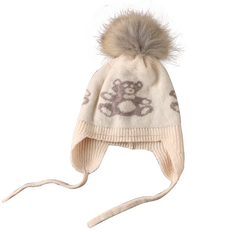 قبعة كشمير للرجال والنساء، قبعة سميكة من الصوف المحبوك للخريف والشتاء مع بوم بوم، حماية الأذن، وأسلوب عائلي