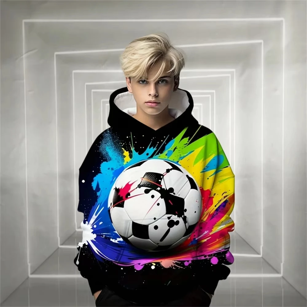 هوديي للأطفال العصري |   رسم ديناميكي لكرة القدم، بلوزة بغطاء للرأس بأكمام طويلة دافئة للطقس البارد (تصاميم متعددة)
