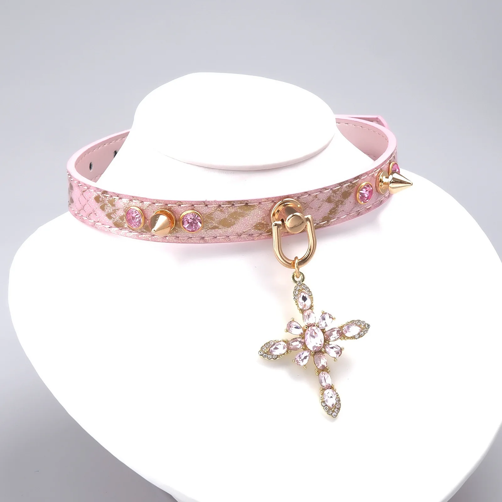 Pink Shiny PU Leather Choker with Crystal Cross Pendant, Spike & Pink Gem Studs, Temperature Color Changing Collar Sex Toy