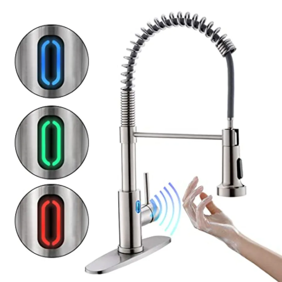 

Touchless Kitchen Faucet with Pull Down Sprayer LED Light Single Handle Motion Sensor Smart Hands-Free Stainless Steel Brushed