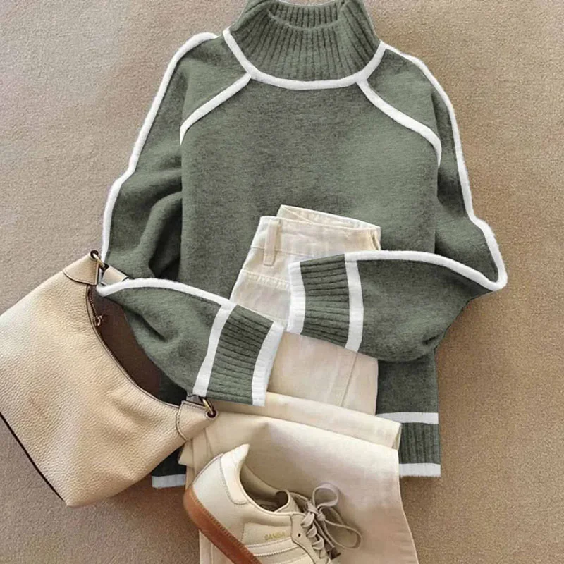 Dolcevita a costine autunno inverno maglione da donna retrò colore a contrasto maglieria top pullover casual manica lunga abbigliamento femminile caldo