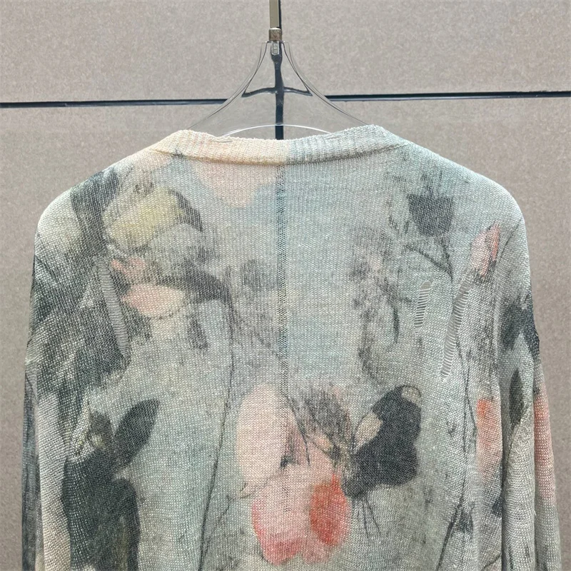 여성용 가디건 신상 신축성 니트 V넥 긴팔 가을 2025 프린트 슬림 여성 스웨터 100% 린넨 니트웨어