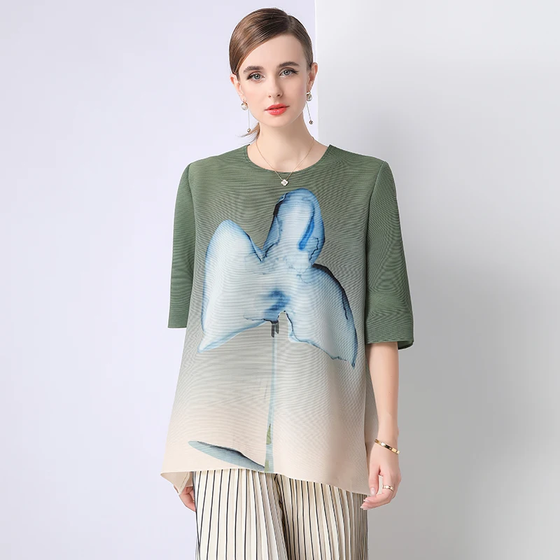 

Ele винтажная плиссированная футболка с акварельным принтом, женская летняя свободная футболка для мам, весенний топ с цветочным узором, круглая ...