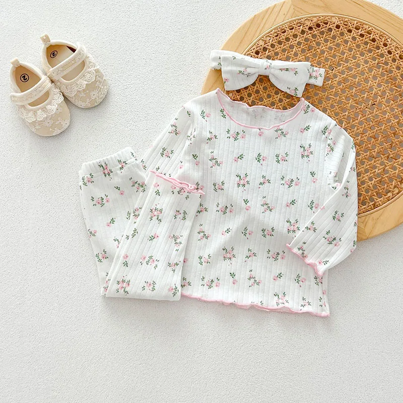 3PCS Toddler Infant Newborn Girls Sweet Loungewear 0-3Y Baby Pajamas Set Infant Pink Floral Cotton Home Wear Sleeping Suit