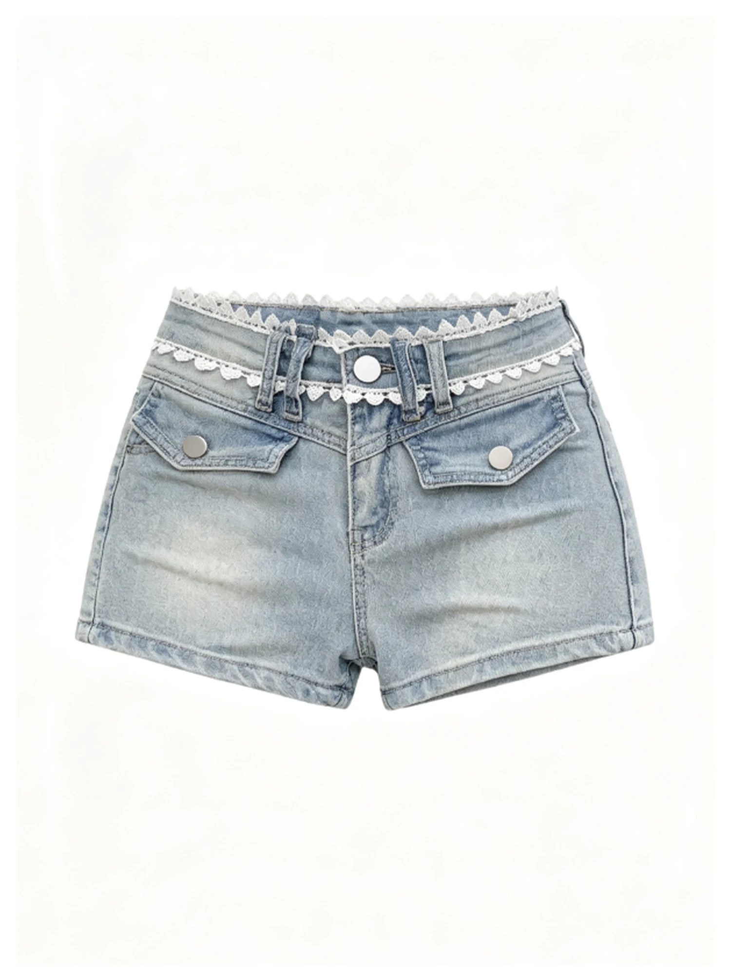Women's Blue Lace Patchwork Denim Shorts Y2K Gyaru Vintage Casual Micro Cowboy Pants High Waist Slim Hot Pants for Women Summer