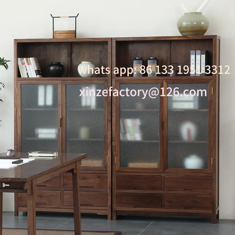 

Customizable Solid Wood Bookcase Floor Display Black Walnut Storage Combination Cabinet