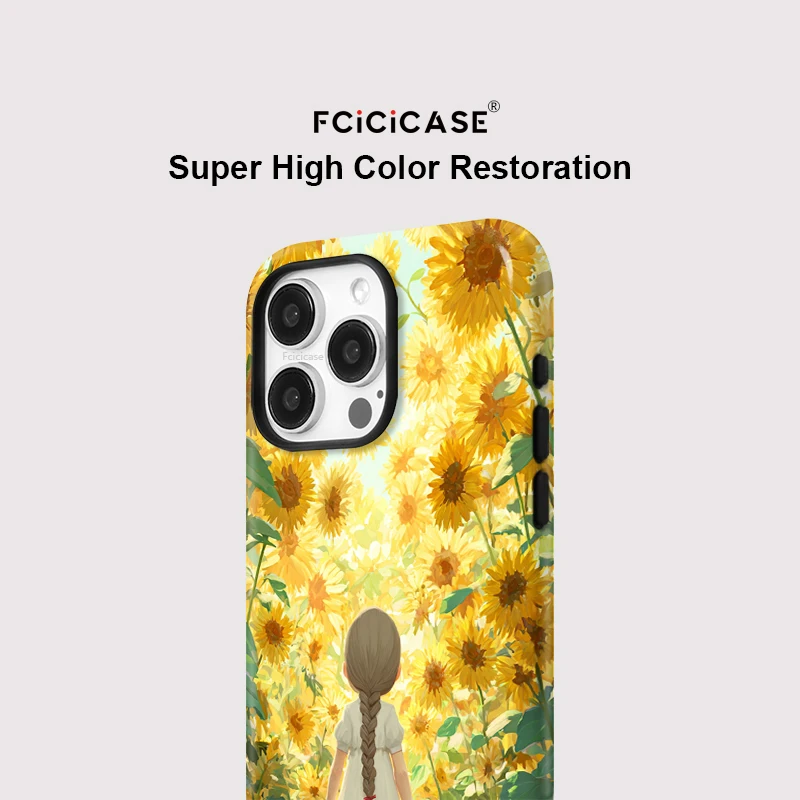 Fcicicase عباد الشمس فتاة جراب هاتف آيفون 17 الهواء 16 15 14 برو ماكس 11 12 13 16 زائد لينة الاكريليك طبقة مزدوجة ل Magsafe غطاء #4