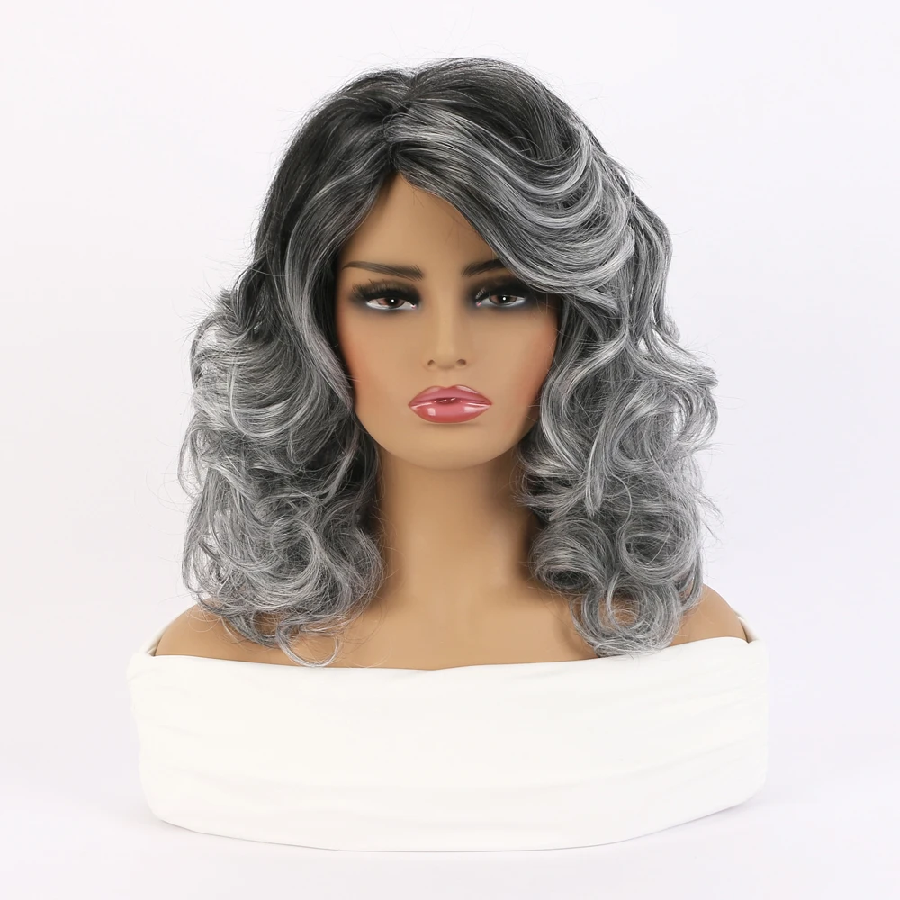 Short Natural Wigs with Bangs Soft Mommy Hair Daily Use Short  Grey Ombre Curly Synthetic Hair Costume Party Wig for Women