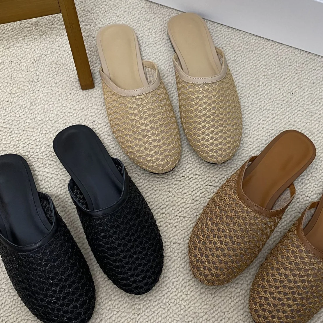 

Dave&di French Minimalist Retro Mesh Woven Hollow Mueller Shoes For Women's Casual Flat Slippers Sandals Shoes For Woman Loafers