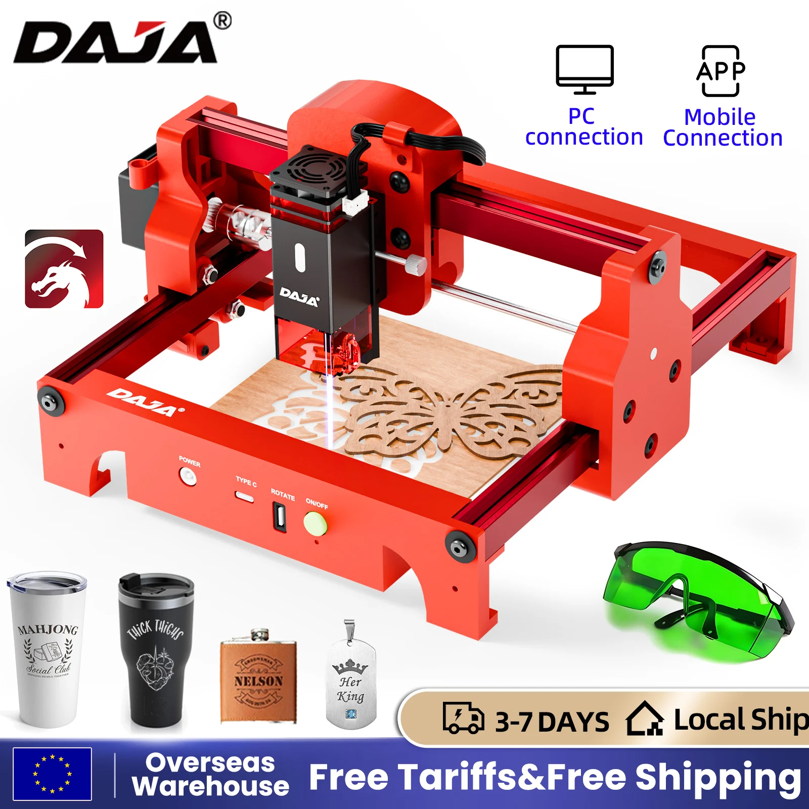DAJA A7 Laser Engraver Mini Portable Bluetooth CNC Engraving Machine Engrave Print Mark All Materials Cut Wood Paper Acrylic