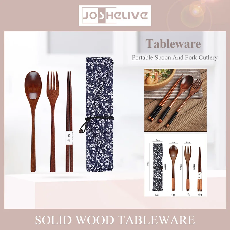 Cuchara de madera, tenedor, palillos, juego de cubiertos con bolsas de almacenamiento, utensilio para el almuerzo de estilo japonés con estuche, cubiertos de viaje reutilizables de madera