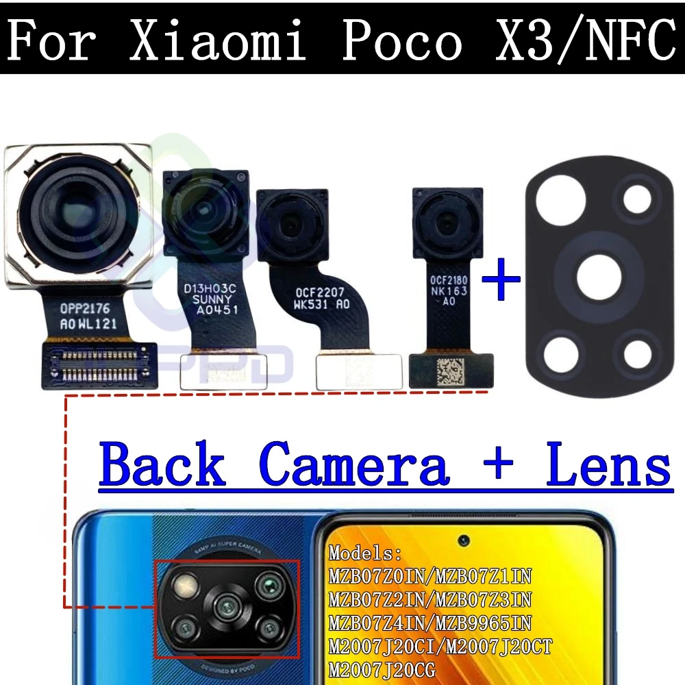 Rear Camera Flex Cable for Xiaomi Poco X3 NFC, Front Selfie, Small Facing Main Back Camera, Glass Lens