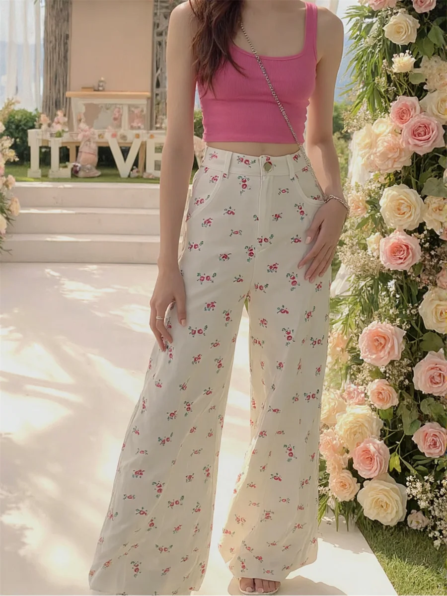 

Милые джинсы с высокой талией и цветочным принтом, ткань для женщин, джинсовые брюки, женская одежда, осенняя саржевая прямая ткань Ulzzang для поездок на работу, школьные брюки