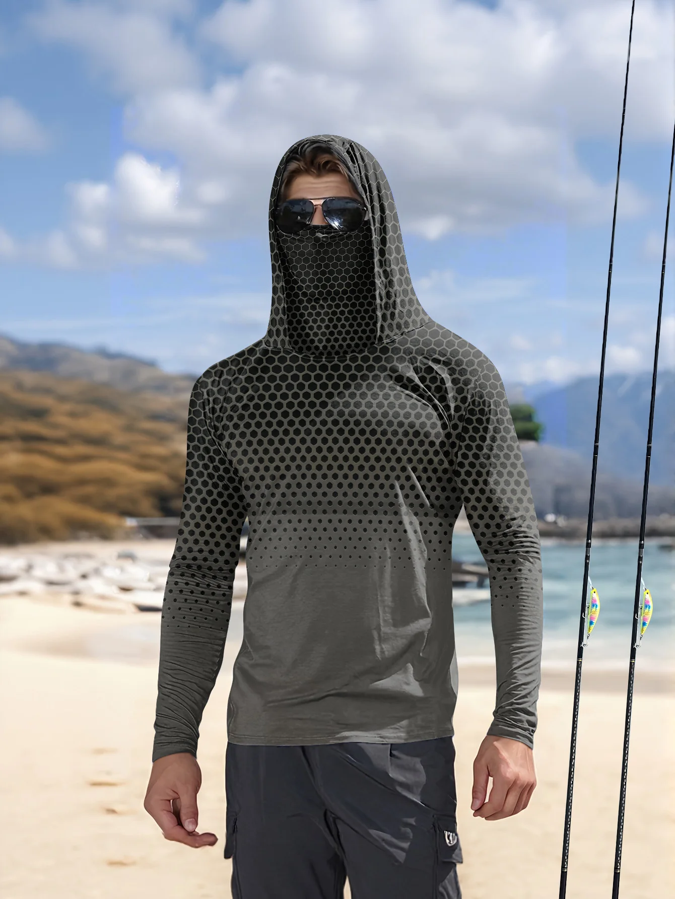 Chemise de pêche à capuche pour hommes, motif nid d'abeille, dégradé gris, couvre-visage intégré, protection solaire UPF50+, séchage rapide, manches longues, hauts d'extérieur