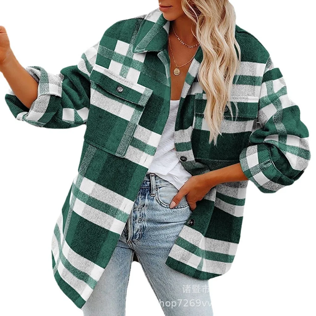 New plaid woolen autumn and winter women\'s clothing warm and comfortable European and American woolen shirt jacket