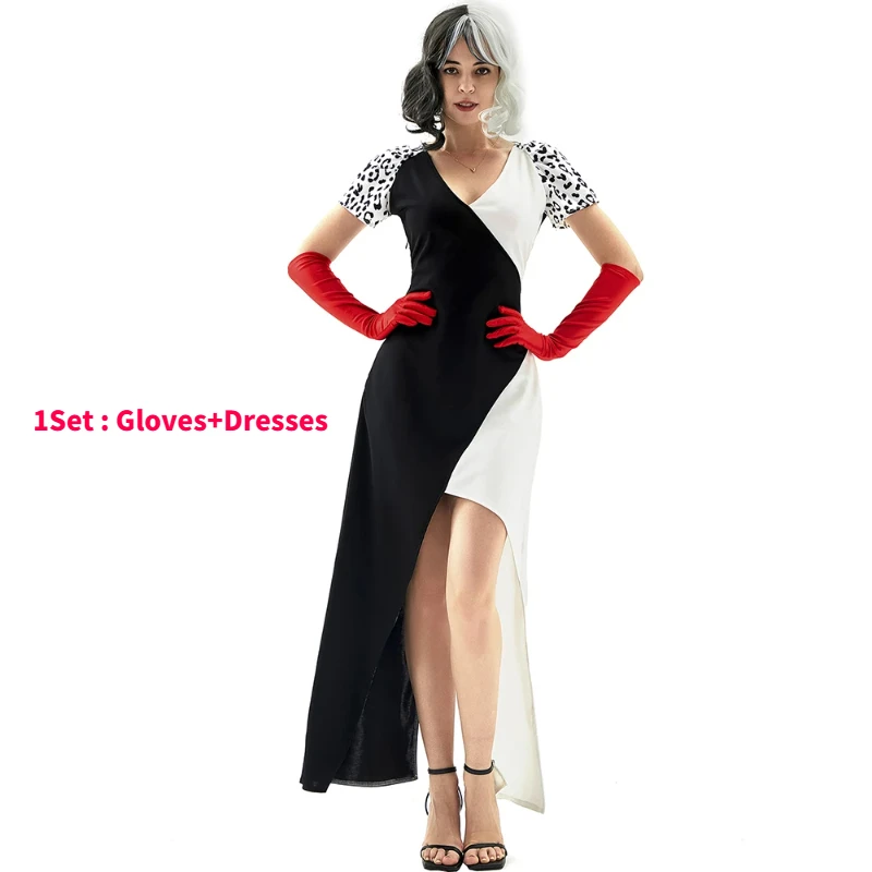 Halloween Cruella Costume Black White Witch Deville De Vil Party Fancy Dress Movie Clown Cosplay Dress