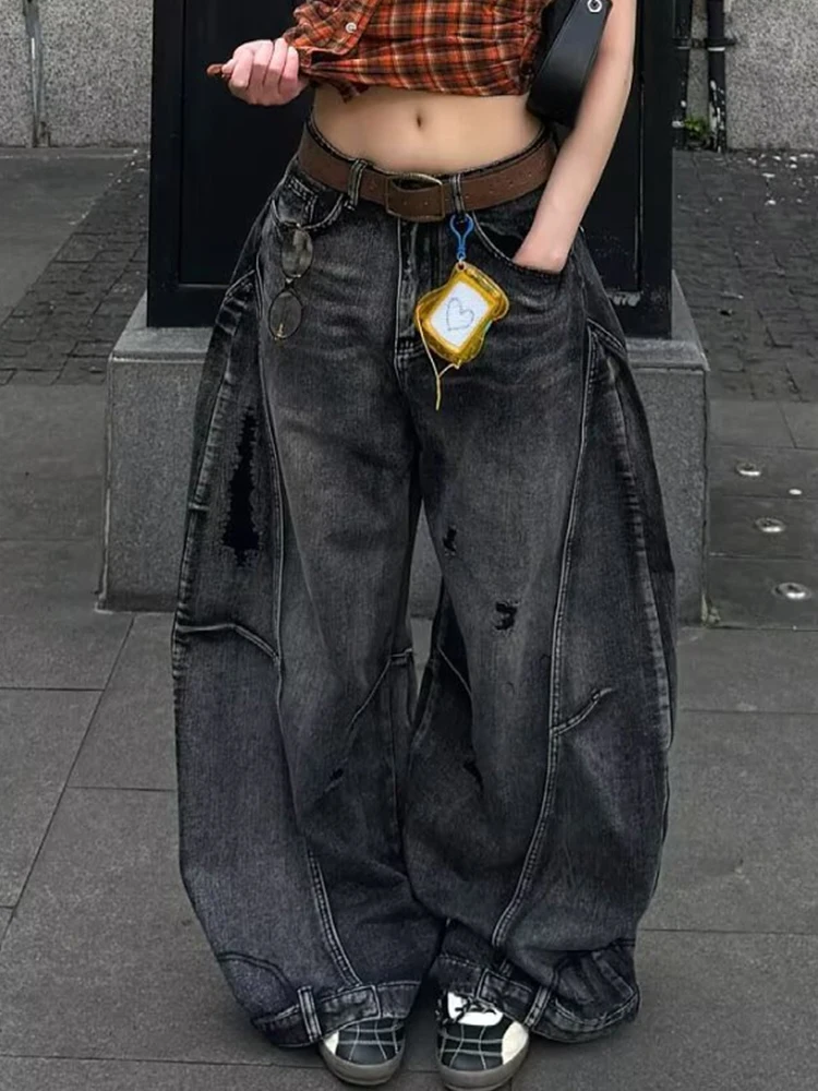 American Retro Ladies Ripped Baggy Denim Pants High Rise Patchwork Wide Leg Jeans Dark Washed Street Bottoms