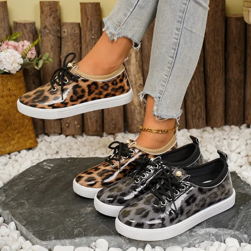 

Sneakers Women New Sneakers Shoes Spring/autumn Fashion Leopard Round Toe Lace Up Comfortable Lightweight Flat Shoes for Women