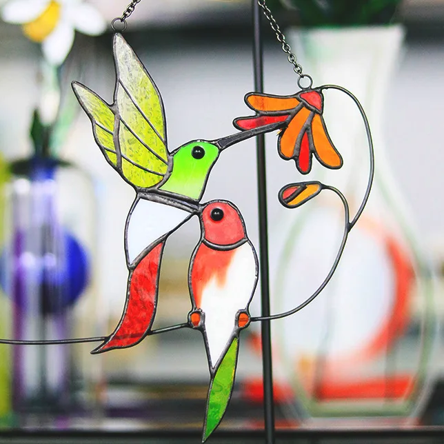 Double Hummingbird Colored Glass Catcher Garden Decoration Pendant Pendant Handmade Crafts Customization