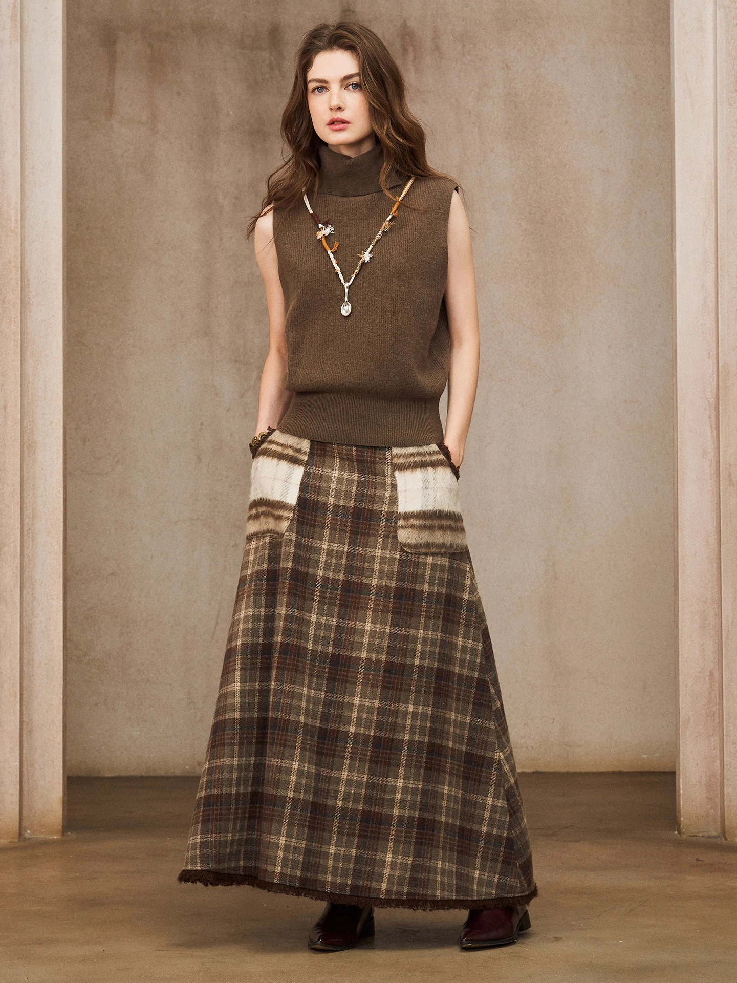 

Винтажная длинная юбка Miorastudio цвета хаки в клетку с бахромой, с завышенной талией, облегающая, элегантная, в стиле A-line, для женщин