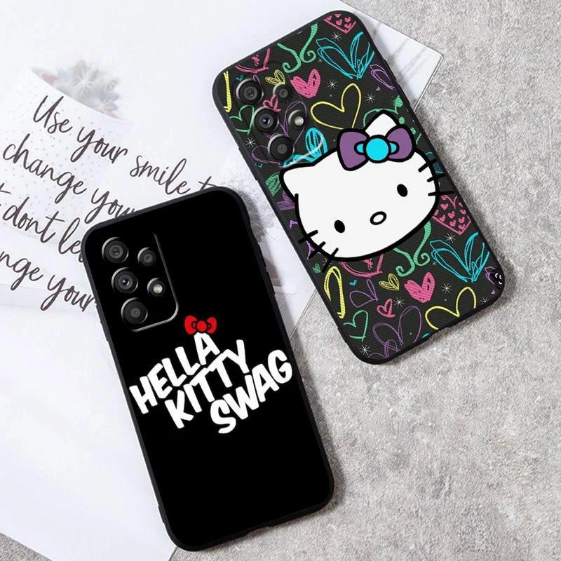 Luxur Hello Kitty Sanrio For Samsung A53 A52 A33 A32 A51 A71 A21S A13 A73 A55 A22 A23 A35 A72 A54 A12 5G Black Soft Phone Case