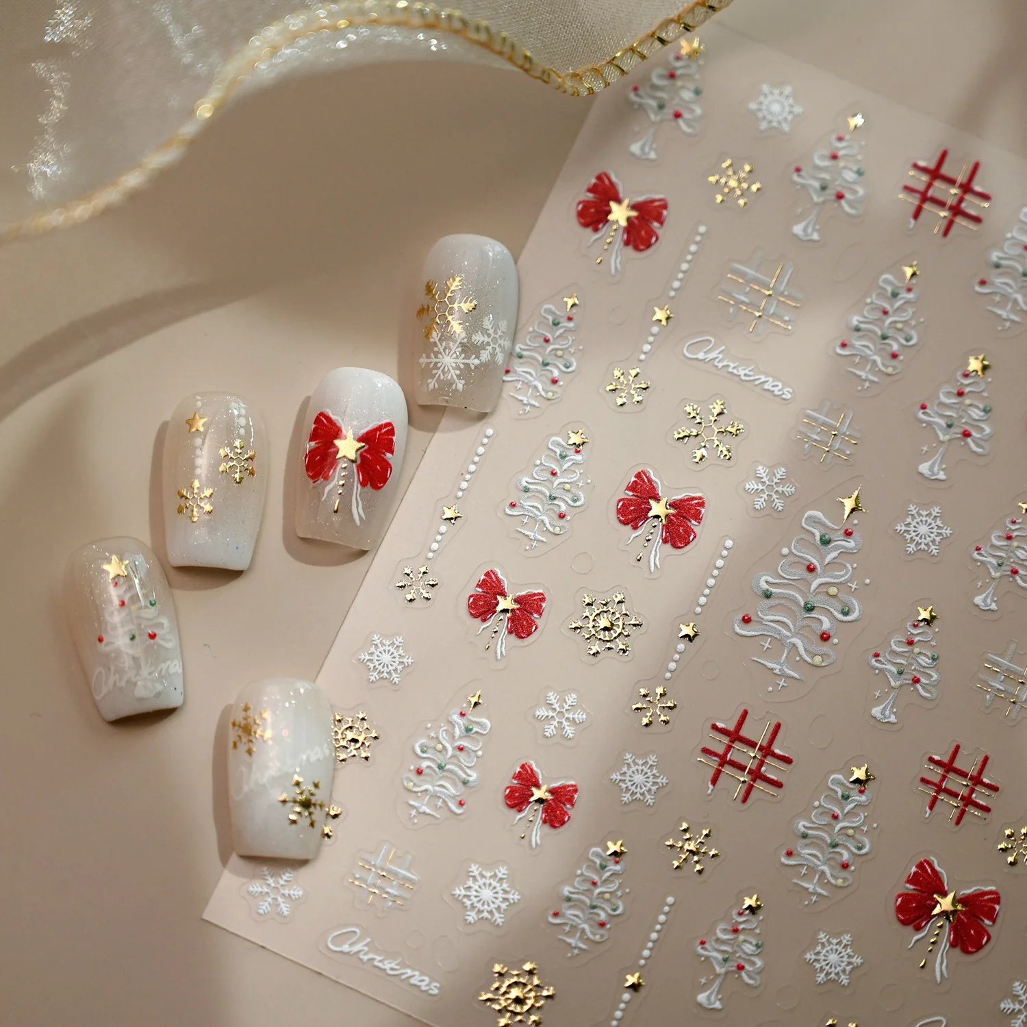 Gold White Snowflake Tree Big Red Bowknot Lovely Christmas 3D Self Adhesive Nail Art Sticker 5D Embossed Reliefs Manicure Decals
