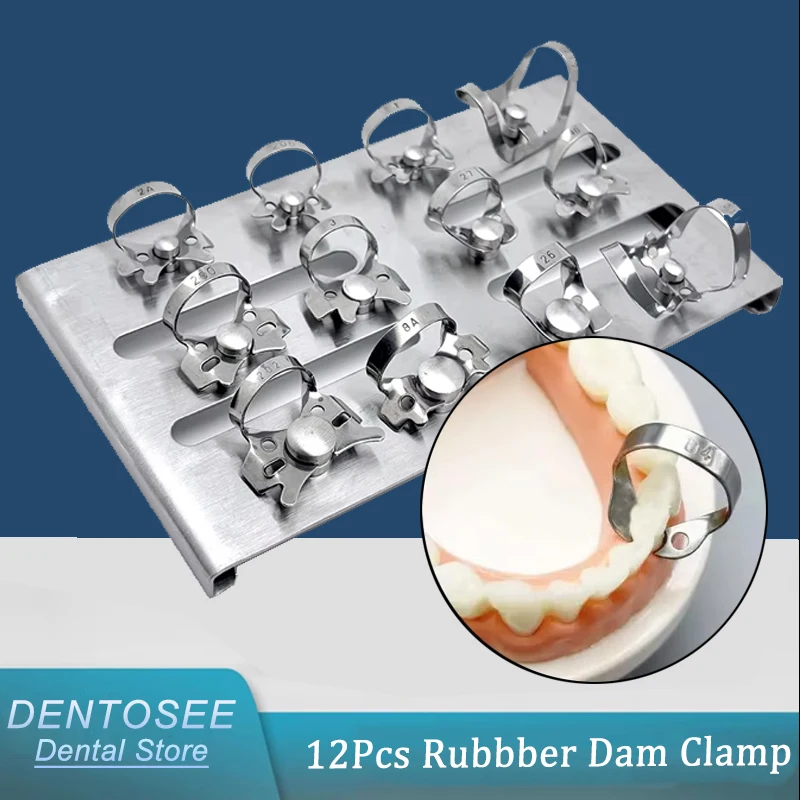 

12 Pcs Dental Rubber Dam Clamps Kit, Stainless Steel Endodontic Frame Holder with Barrier Clips for Oral Care Dentistry Tools