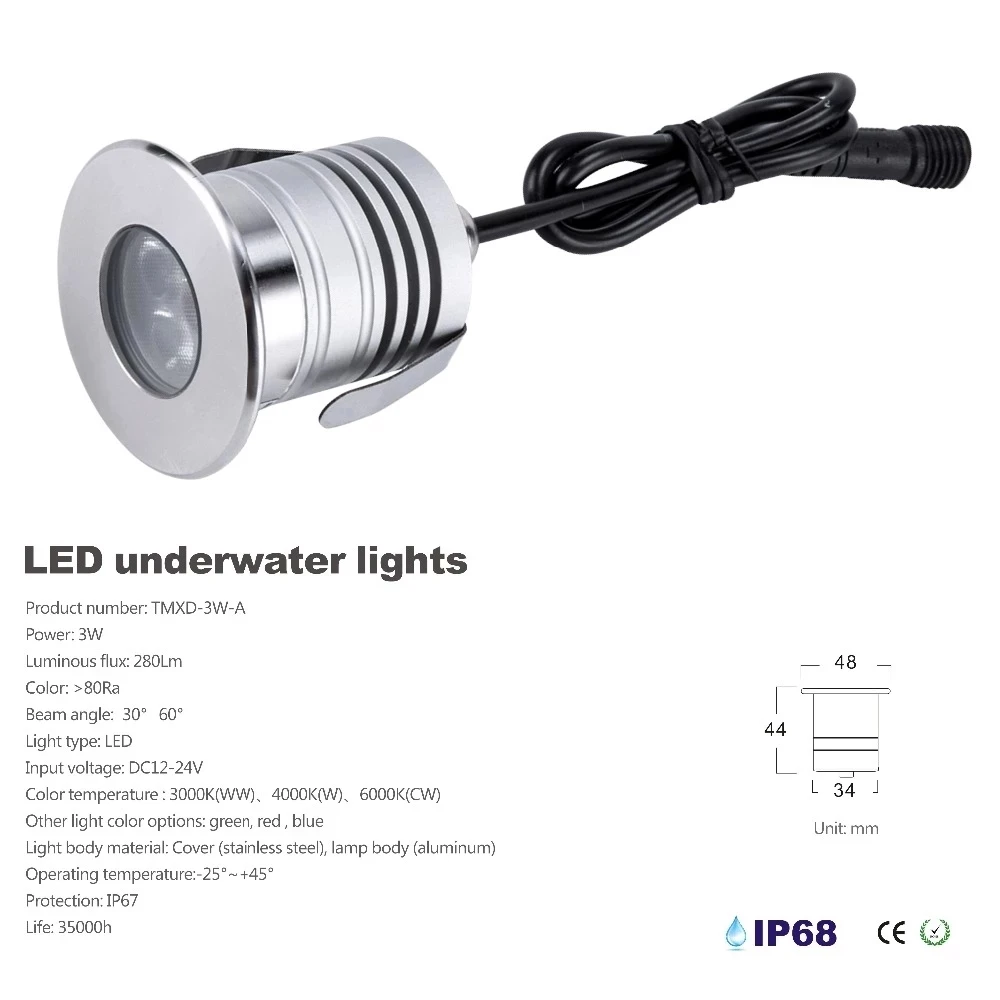 3W LED Underwater Light IP68 Waterproof Swimming Pool Light DC12-24V Safety Pond Fountain Spotlight Underground Lamp