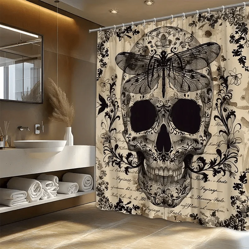 VIKAMA Gothic Antique Skull Shower Curtain Dragonfly Floral Vintage Waterproof Fabric Halloween Bathroom Decor Bath Curtain