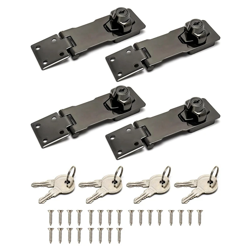 Hasp-sloten met sleutel, 4-pack 4 inch draaiknop Kastknopslot Vergrendelingsgrendel met sleutel Veiligheidsslot met montageschroeven