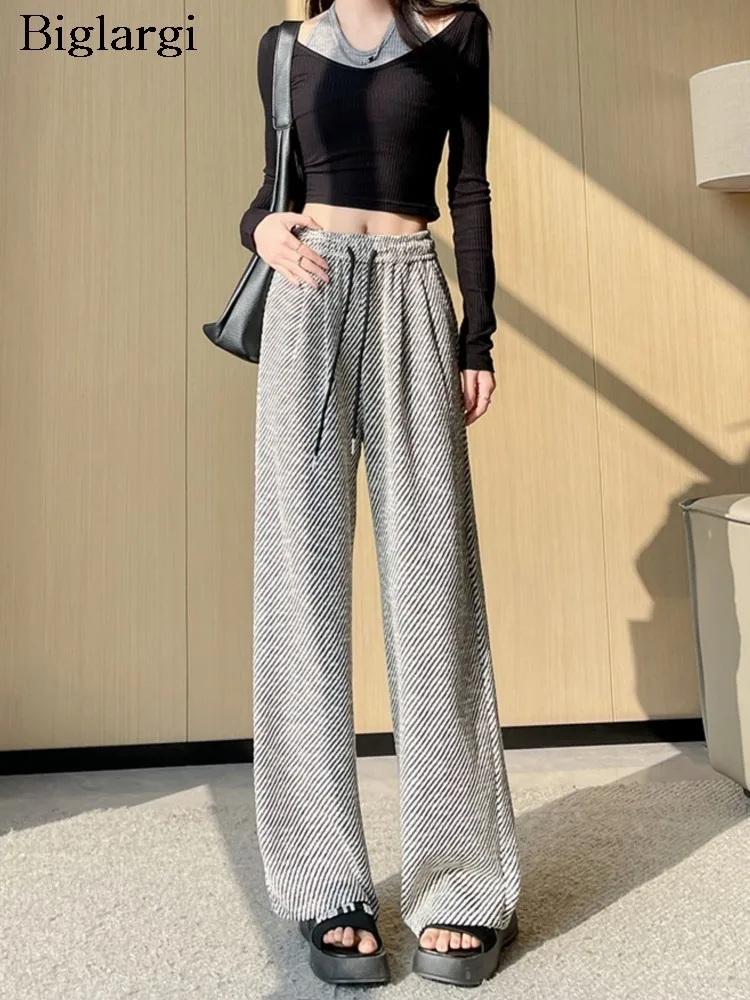 

Spring Striped Print Long Pants Women Korean Style Loose Pleated Wide Leg Fashion Ladies Trousers High Waist Casual Woman Pants