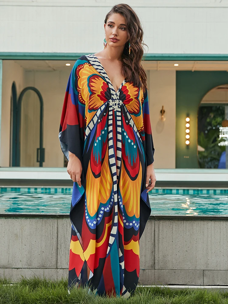 Neue bunte Schmetterling Vertuschungen Kaftane Strand kleid Kaftan für Frauen Tuniken Beach wear Robe V-Ausschnitt Badeanzug vertuschen Kleid Tuniken